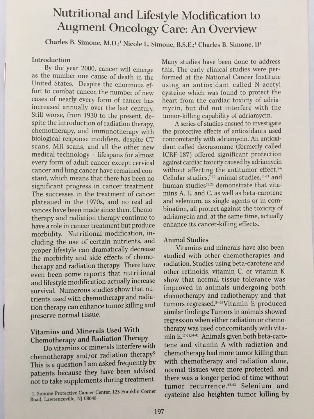 ANTIOXIDANTS AND OTHER NUTRIENTS DO NOT INTERFERE WITH CHEMOTHERAPY OR